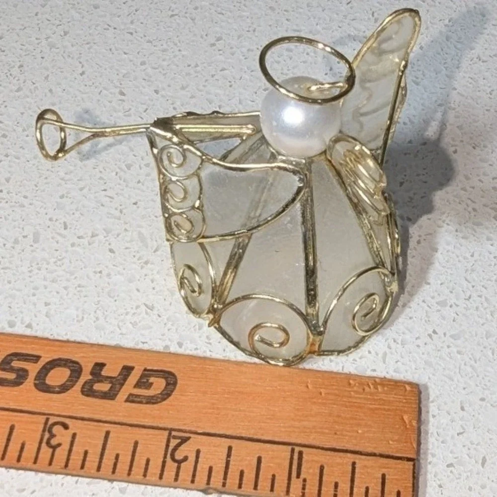 Vintage Angel Figurine Ornament Pearl Gold Stained Glass Wire Trumpet Christmas